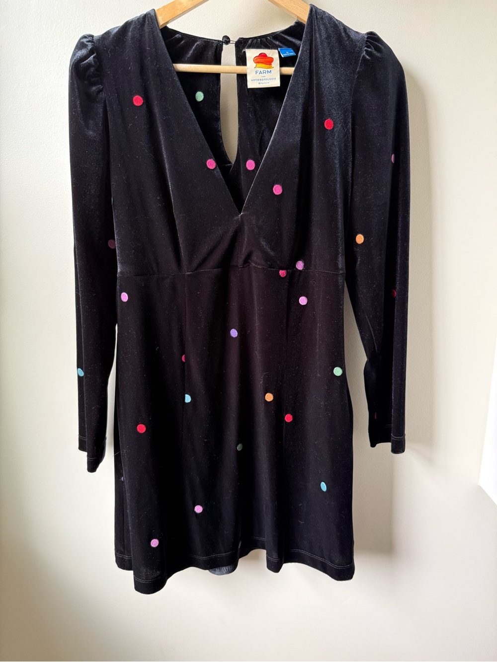 FARM‎ RIO Embroidered Velvet Mini Dress Polka Dot Retro Whimsy Black Rainbow M - Picture 2 of 10